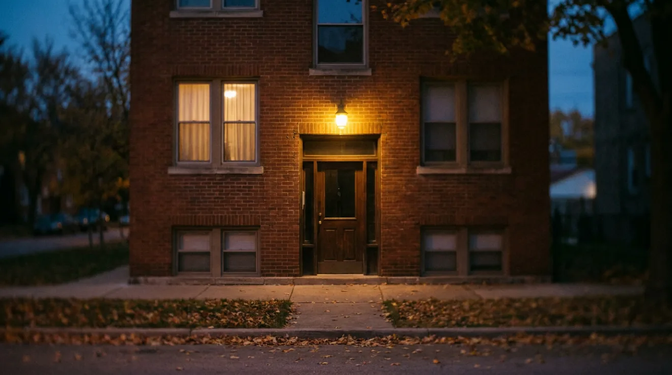 The entrance of a small brick apartment building at dusk, with the porch light on and one window lit