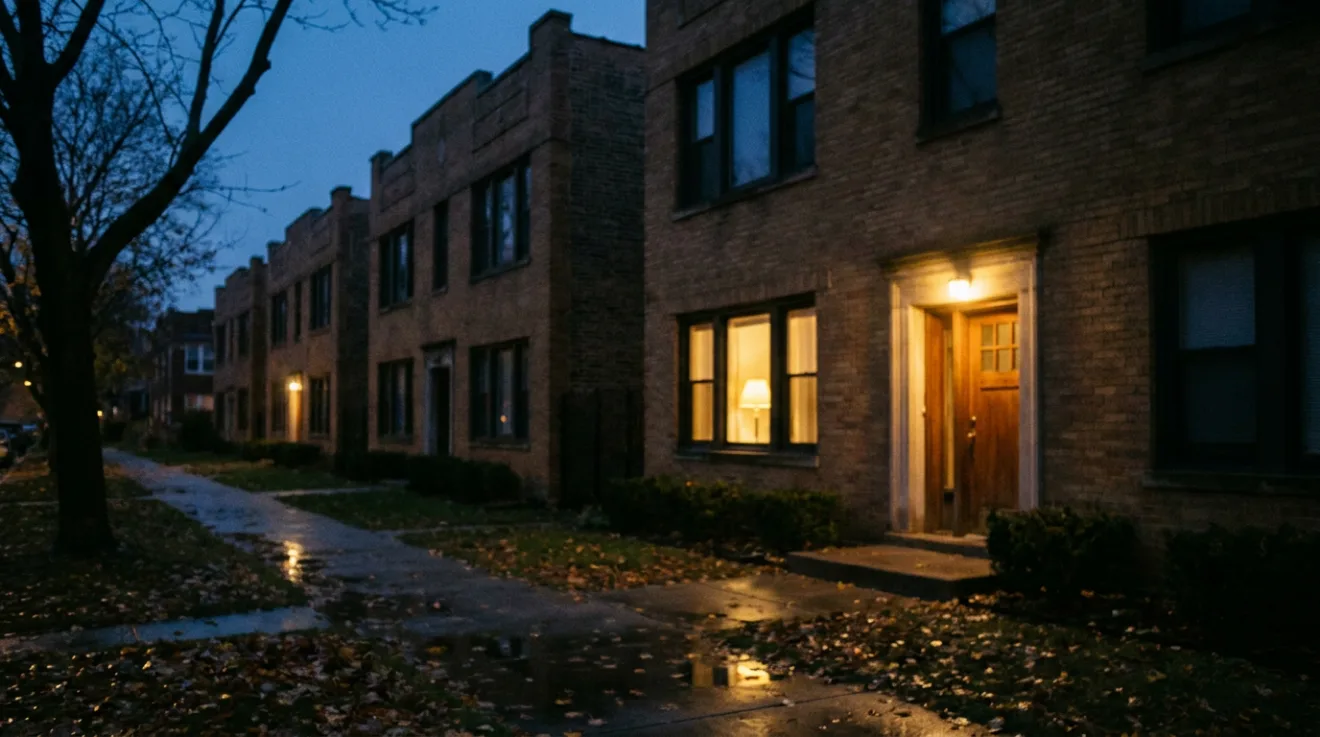 A row of small brick apartment buildings at night, one ground-floor window lit warm from a lamp inside