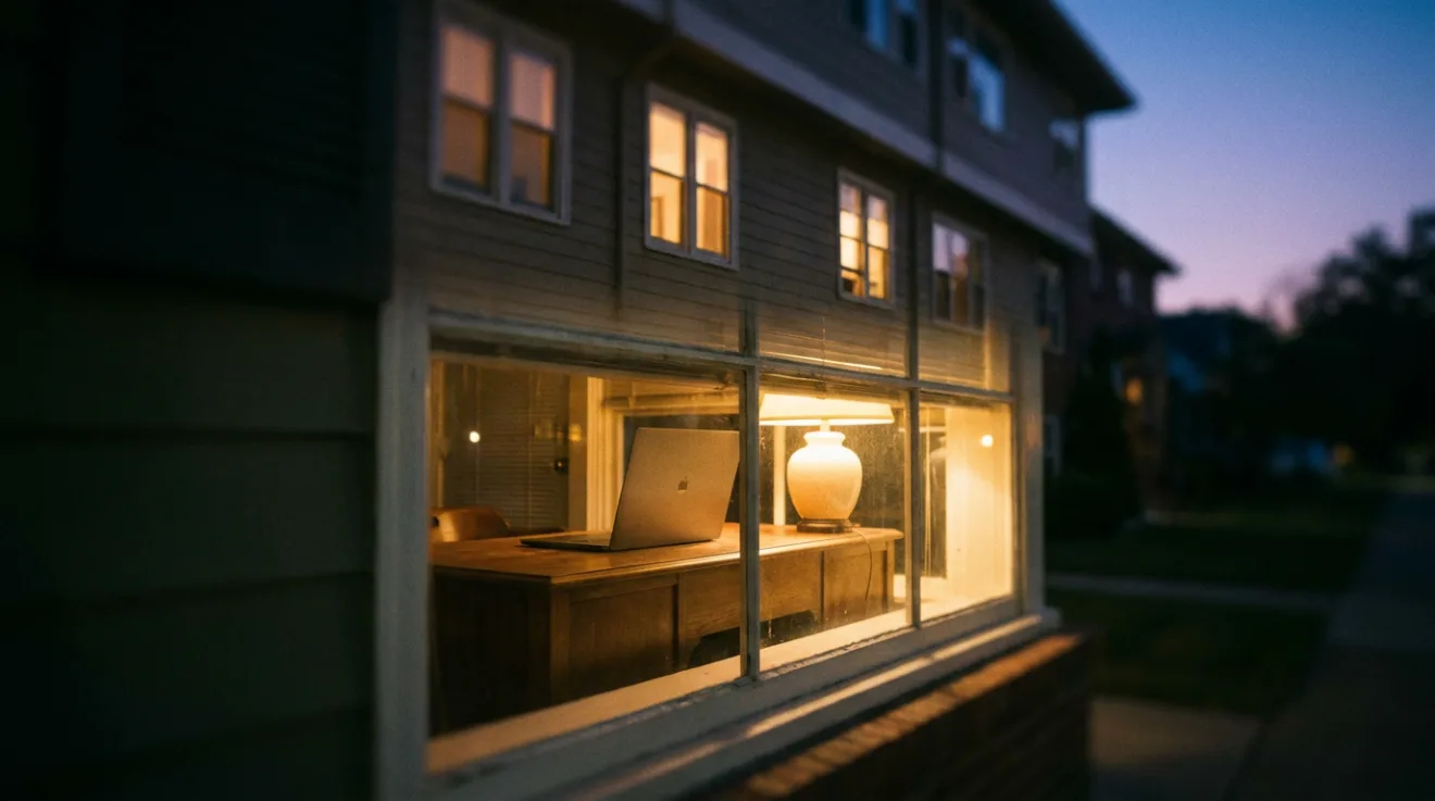 A lamp-lit leasing office window at dusk on a quiet residential street, a laptop open on the empty desk