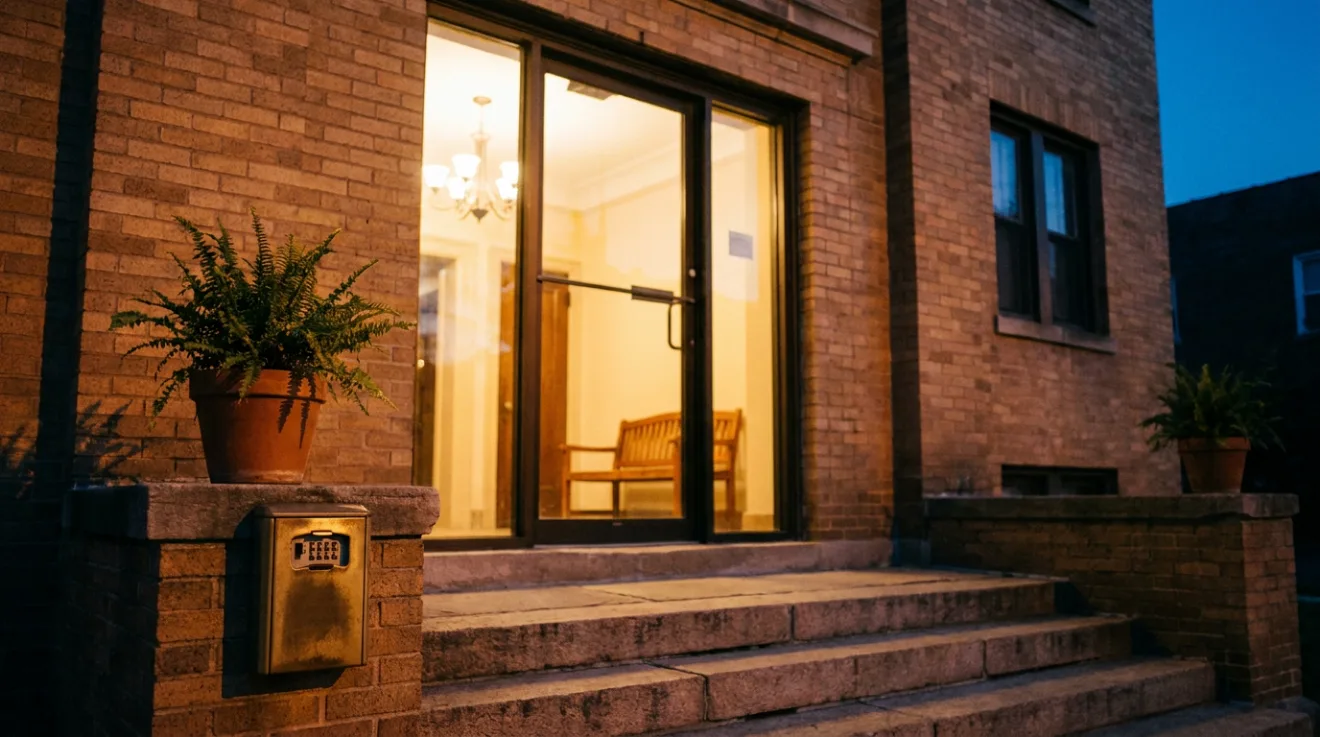 A brick apartment entrance at dusk, the lobby lit warm behind a glass door, with a lockbox and a potted fern beside the steps