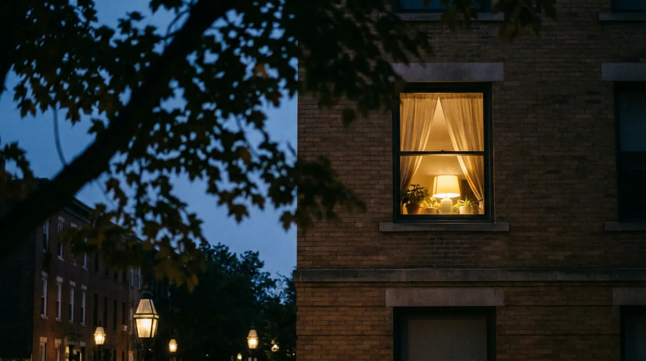 A lit second-floor apartment window above a quiet tree-lined street at dusk
