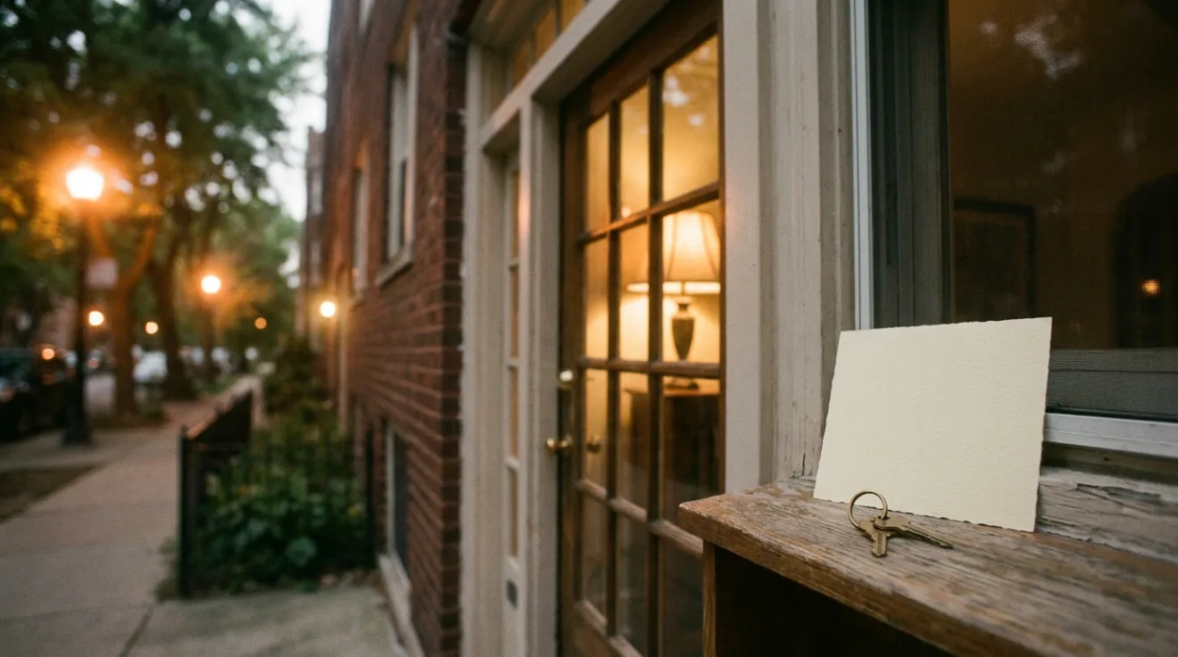 Keys and a blank card on a wooden window ledge beside a lit apartment doorway on a quiet street at dusk