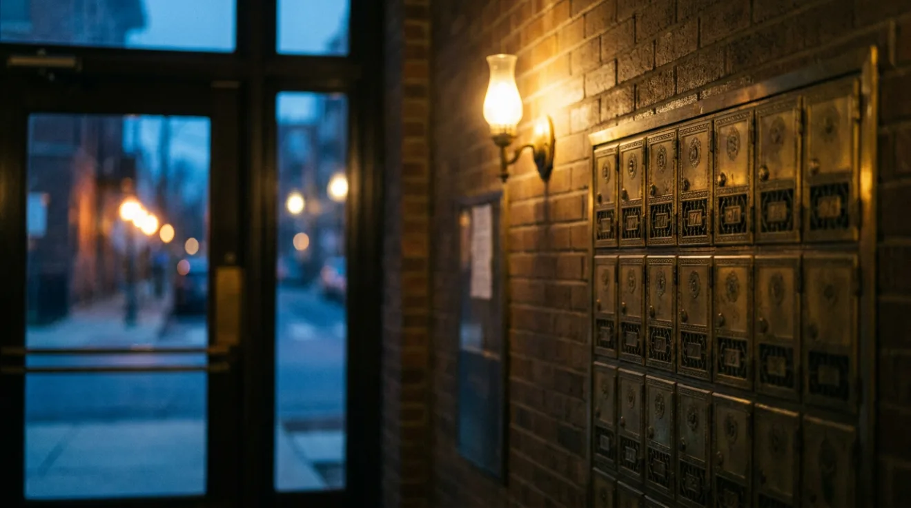 A wall of old brass mailboxes in a brick apartment lobby at dusk, lit by a single sconce