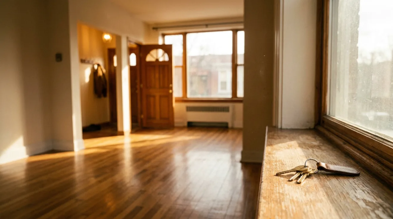An empty apartment with sun across wooden floors, the front door open and a set of keys on the windowsill