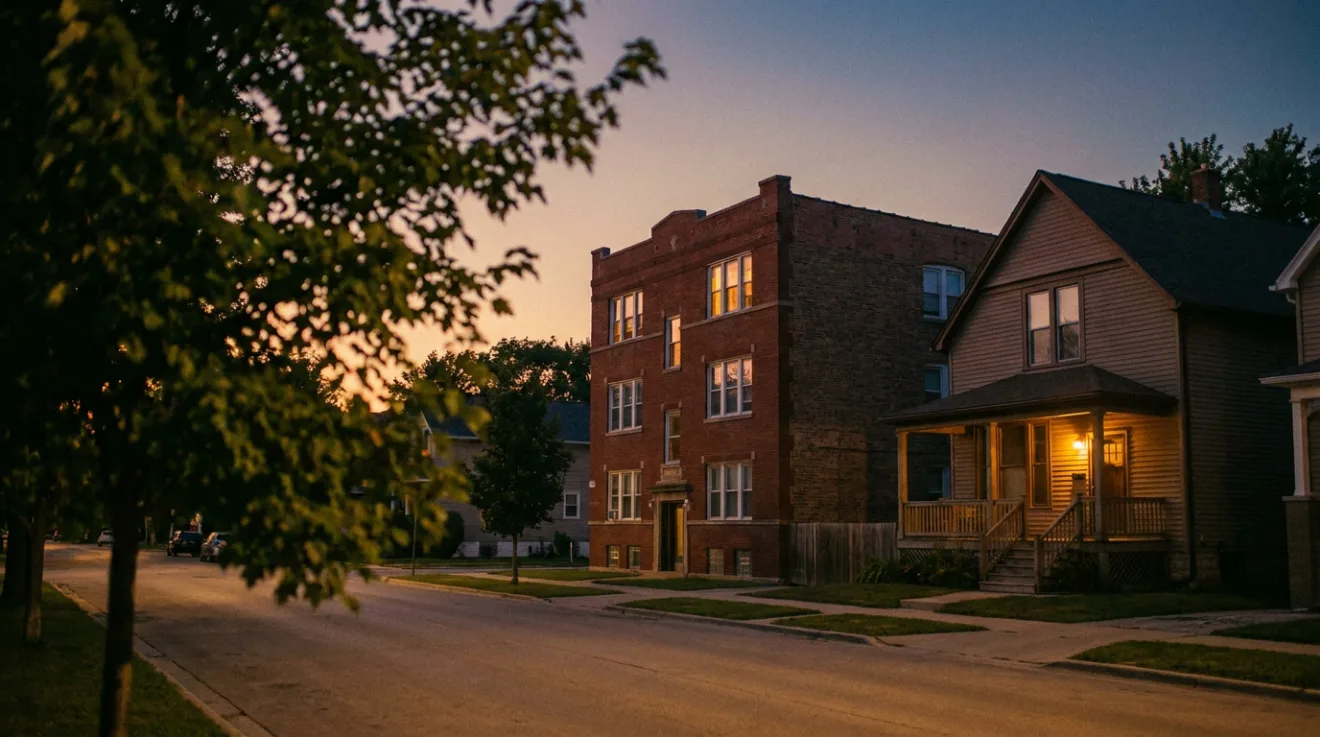 A small brick apartment building beside a wood-sided house with a lit porch, on a quiet street at dusk