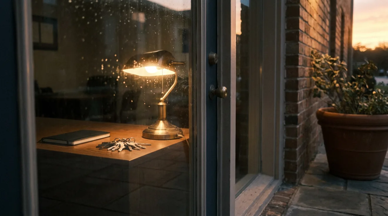 A desk lamp left on in a leasing office at dusk, a ring of keys and a notebook on the desk, seen through the glass door beside a potted plant