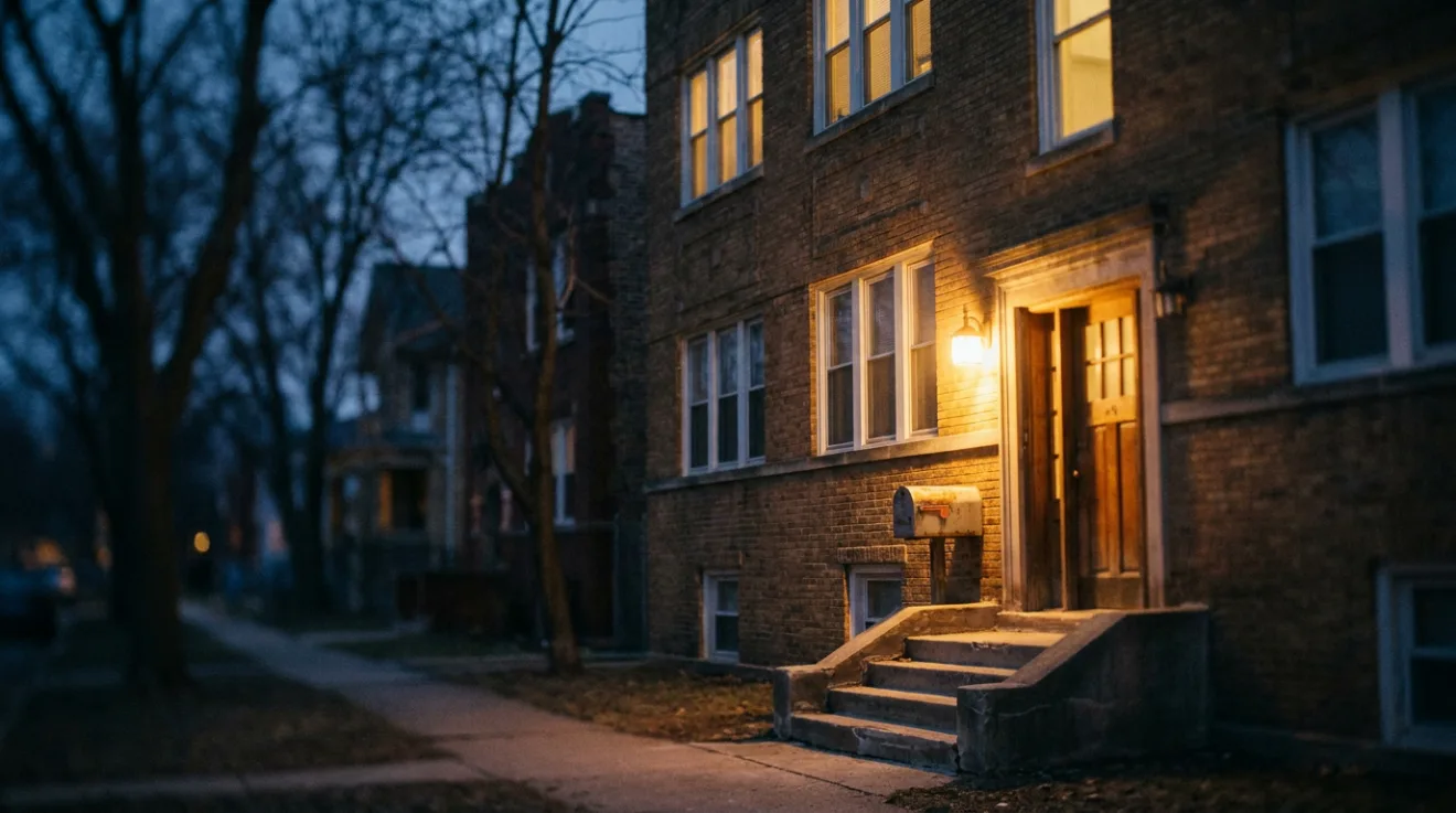 The front porch of a small brick apartment building at dusk, its porch light just switched on