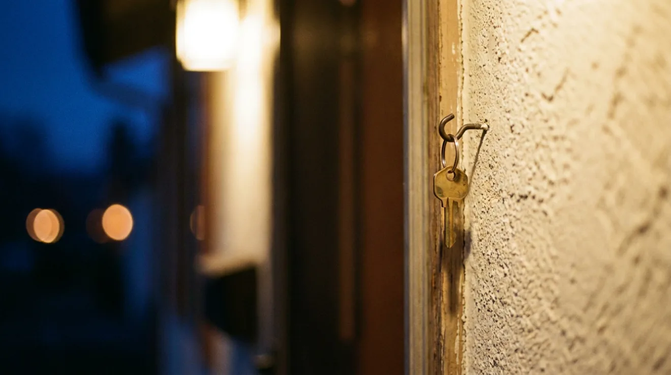 A brass house key on a hook beside a front door at dusk, lit by a porch light.