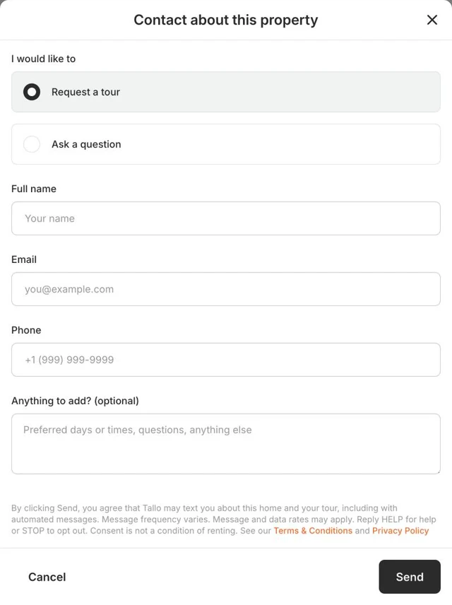 Tallo's Book a tour form with name, email, phone and message fields, and the consent text above the Send button.