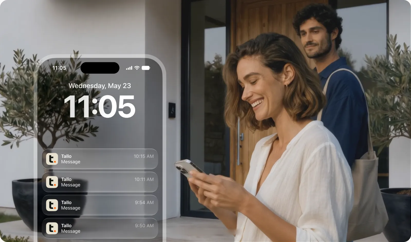 A renter smiles at her phone outside a home; beside her, a phone lock screen shows four messages from Tallo.